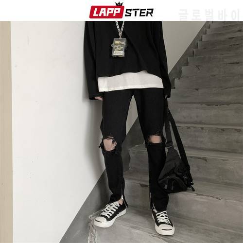 LAPPSTER Men Hip Hop Black Ripped Jeans 2022 Male Korean Streetwear Skinny Denim Pants Male Fashions High Waist Distressed Jeans