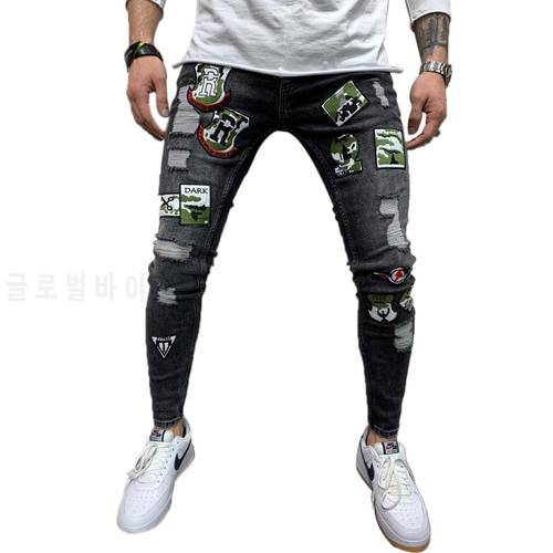 2 Styles Men Stretchy Ripped Skinny Biker Embroidery Print Jeans Destroyed Hole Taped Slim Fit Denim Scratched High Quality Jean