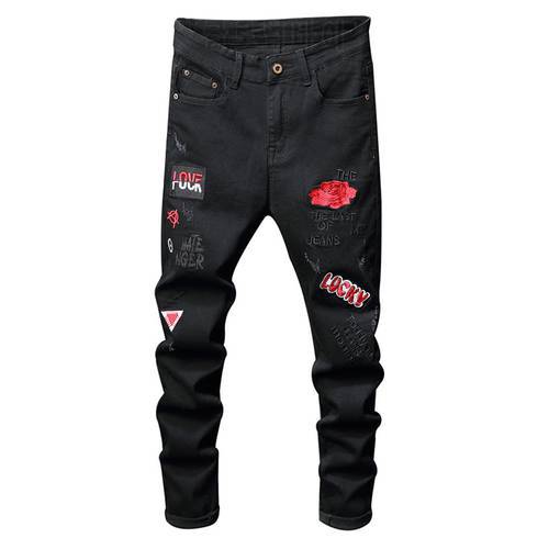 Sokotoo Men&39s red flower letters embroidery black jeans Fahion badge stretch denim pants