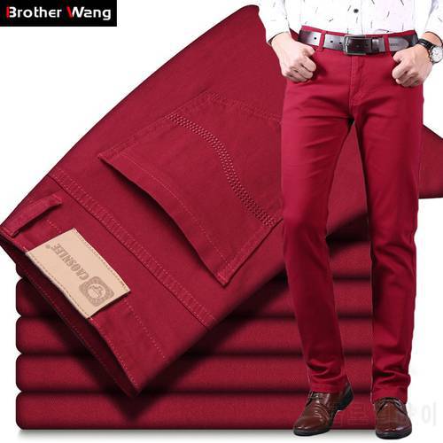 Classic Style Men&39s Wine Red Jeans Fashion Business Casual Straight Denim Stretch Trousers Male Brand Pants