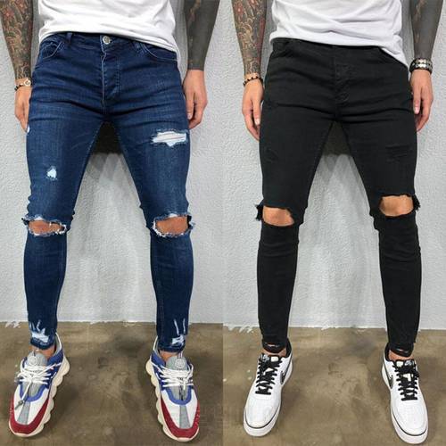 Knee hole Ripped Jeans Men Skinny blue & black High Street Style Elasticity Slim Frayed Casual Men Pants Trousers Biker Jeans