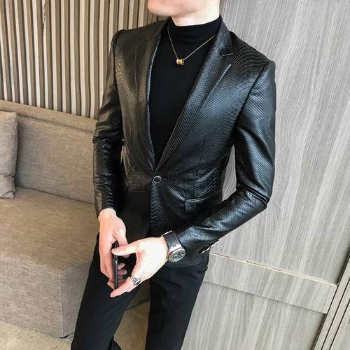 New Single Button PU Blazer Men&39s Leather Jacket Fashion Mens Slim Social Prom Suit Jacket Black Men&39s windbreaker Blazers Mens