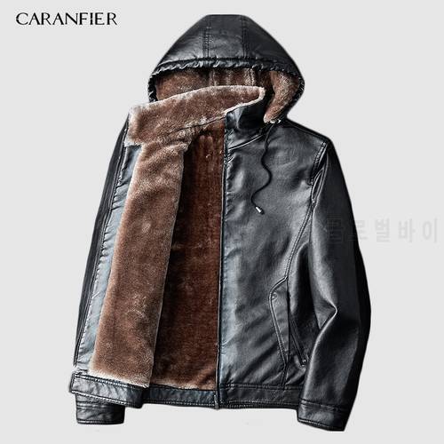 CARANFIER Winter Mens Leather Jackets Warm Coats Plus Thick Outerwear Biker Motorcycle Male Classic Hooded Faux Jacket Windproof