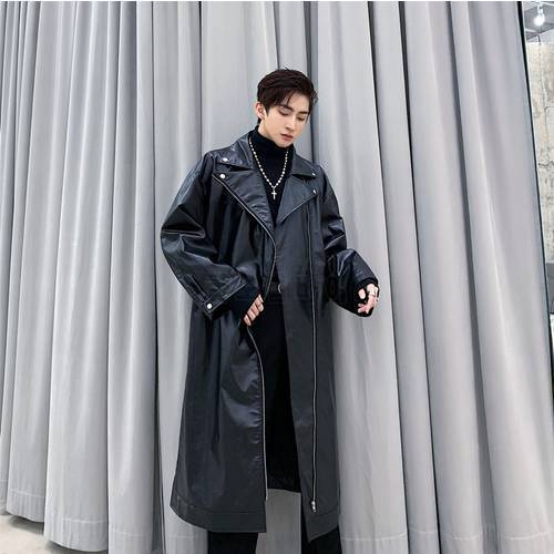 Men Loose Long Leather Trench Motorcycle Jacket Windbreaker Outerwear Male Street Hip Hop Punk Gothic Cool Leather Coat Overcoat