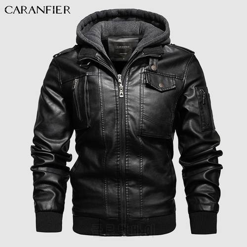 CARANFIER 2020 New Mens PU Hooded Jackets Coats Motorcycle Biker Faux Leather Jacket Men Classic Winter Jackets Shipping