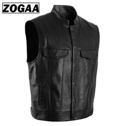 ZOGGA 2021 Men Vest Black Biker Motorcycle Hip Hop Waistcoat Male Faux Leather Punk Solid Black Spring Sleeveless Leather Vest