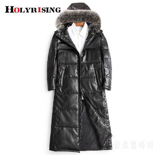 M-5XL Extended long PU leather down jacket men&39s long leather jacket natural fur hooded thick False leather coat 19428