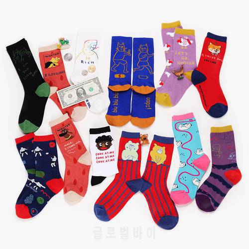 Autumn And Winter New Pattern Literature Fan Yuanchuang Personality Cartoon Cotton Socks Ma&39am In Canister Socks Tide Socks