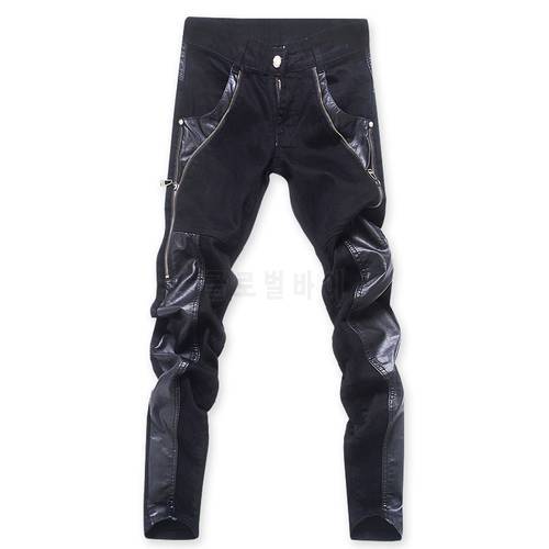 shipping fashion men leather pants skinny leather trousers fashion zippers design jeans pants ABZ79