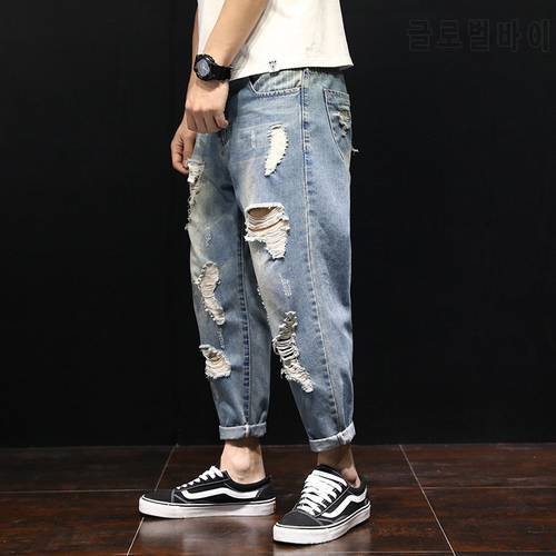 New Summer Loose Men&39s Harem Pants Jeans Fashion Casual Washed Ripped Distressed Holes Jeans Denim Trousers Large Size 28-42