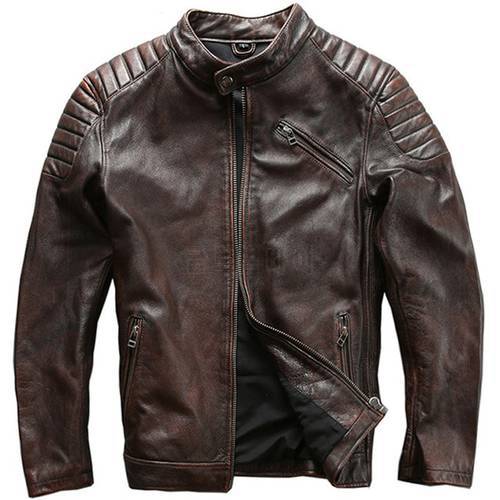 Men Vintage Leather Jacket Men Cowhide Jackets Brown / black Calfskin Motor Biker Coat Man Leather Coat Slim