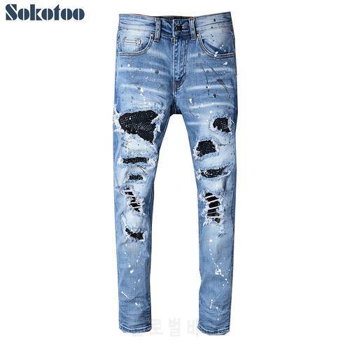 Sokotoo Men&39s rhinestone crystal patchwork light blue ripped jeans Slim fit skinny stretch denim pants