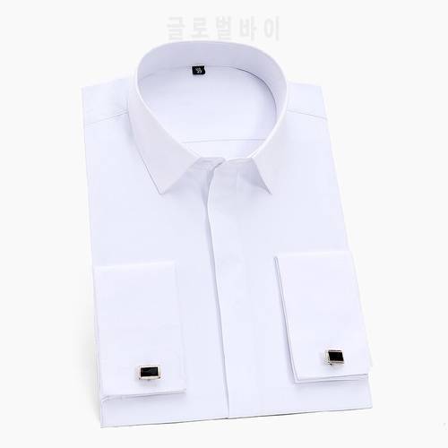 Men&39s Classic French Cuff Dress Shirt Covered Placket Long Sleeve Tuxedo Male Shirts with Cufflinks No Pocket Office Work White