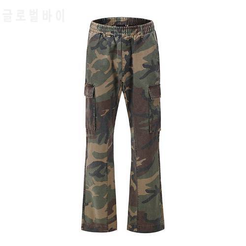Harajuku Men&39s Overalls Camouflage Casual Trumpet Trousers Loose Multi-pocket Streetwear Denim Pants Hip Hop Flare Pants