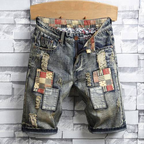 New summer Men&39s vintage Ripped patch casual Denim Short Streetwear Straight biker jeans short Plus Size 40 bermudas hombre