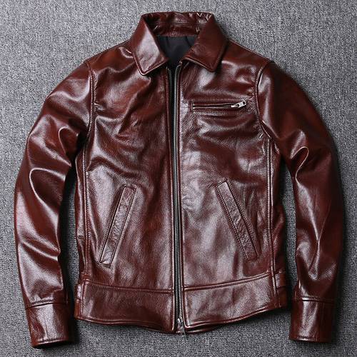 Spring Special Offer Men&39s Cow Leather Oil Wax Genuine Leather Clothes Short Slim Fit Biker Leather Jacket Wine Red Coat Men 5XL