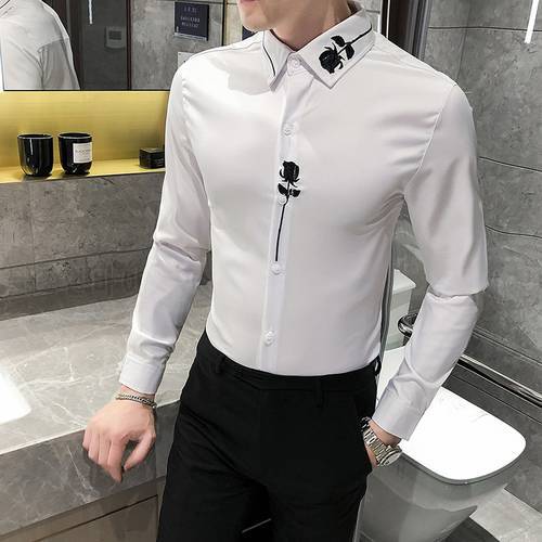 Plus Size Shirts For Men Fashion Men Clothes 2023 Streetwear Flower Embroidery Long Sleeve Shirt Men All Match Blouse Homme 4XL