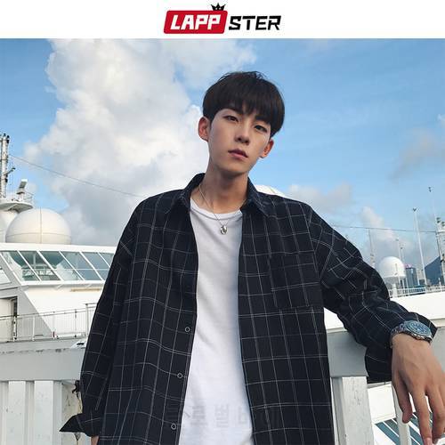 LAPPSTER Men Oversized Cotton Plaid Shirt Long Sleeve 2022 Mens Korean Fashions Button Up Shirt Couple Black Harajuku Clothing