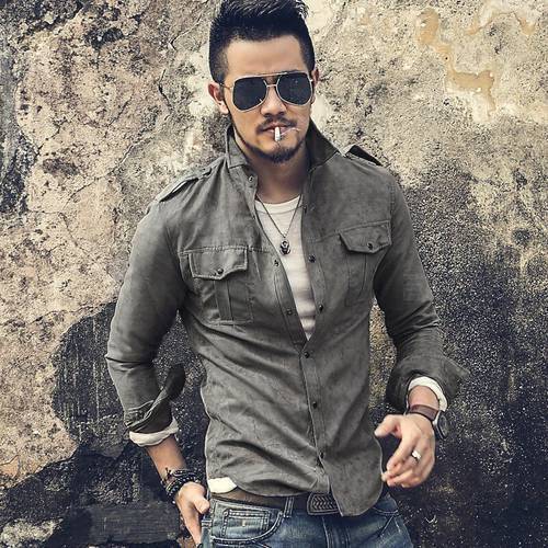 Fashion Mens Military Suede Leather Shirt New Safari Style Single Breasted Slim Fit Shirts Faux Leather Shirt Tops Chemise Homme