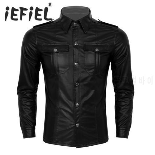 Fashion Men Formal Shirt Trend Wet Look Patent Leather Turn-down Collar Long Sleeve Button Down Slim Fit Nightclub Shirts