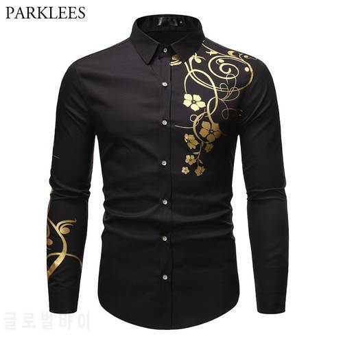 Stylish Gold Flower Print Black Shirt Men 2022 Spring New Slim Fit Long Sleeve Mens Dress Shirts Party Casual Male Social Shirt