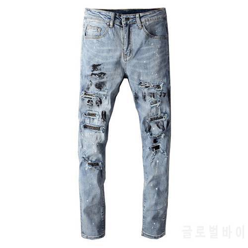 Sokotoo Men&39s streetwear crystal ink painted ripped jeans Fashion light blue holes skinny stretch denim pencil pants
