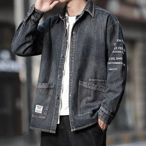 Spring autumn 2021 letter printed men\&39s tooling Korean trendy coat man loose casual lapel plus fat XL denim jacket
