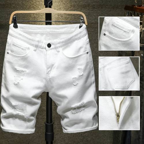 New Summer White black Men Ripped Hole Denim Shorts Slim Casual Knee Length Short Straight Hole Jeans Shorts Bermuda for men