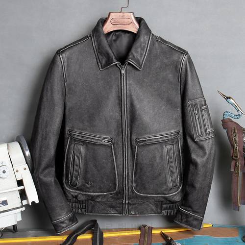 Free shipping.MA-1 bomber leather coat,thick cowhide Jacket,men&39s genuine Leather jacket.top gun vintage brown leather clothes