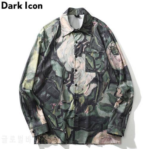 Dark Icon Flower Oil Painting Green Shirt 2020 New Arrival Loose Thin Men&39s Shirts Long Sleeve Blouse