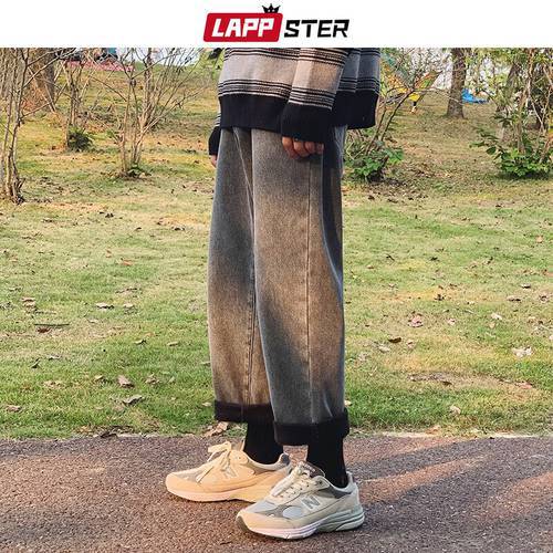 LAPPSTER Men Fleece Winter Baggy Jeans 2022 Denim Pants Man Korean Fashion Black Harem Pants Male Casual Wide Leg Stacked Jeans