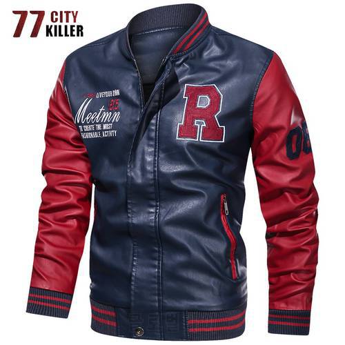 77City Killer Letter Embroidery Leather Jacket Men Motorcycle Pu Faux Leather Jackets Male Casual Fleece Bomber Baseball Coat