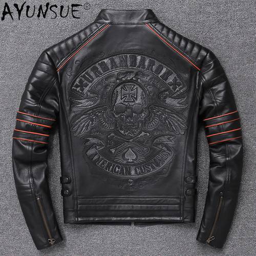 AYUNSUE Cow Genuine Leather Jacket Men Clothing Motorcycle Men&39s Jackets 5XL 2020 Mens Clothes Skull Embroidery Coat Ropa LXR434