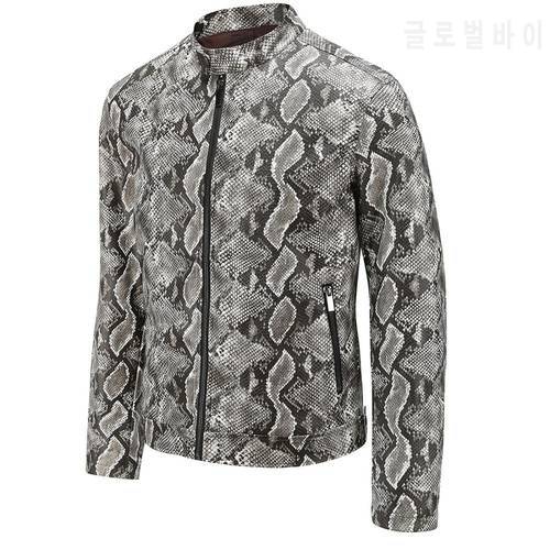 2022 Autumn punk style unique Snakeskin pattern printed PU leather jackets men casual slim printed PU jackets,S-XXL