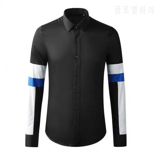 Minglu 100% Cotton Mens Shirts Luxury Blue And White Splice Long Sleeve Casual Mens Dress Shirts Fashion Slim Fit Male Shirts