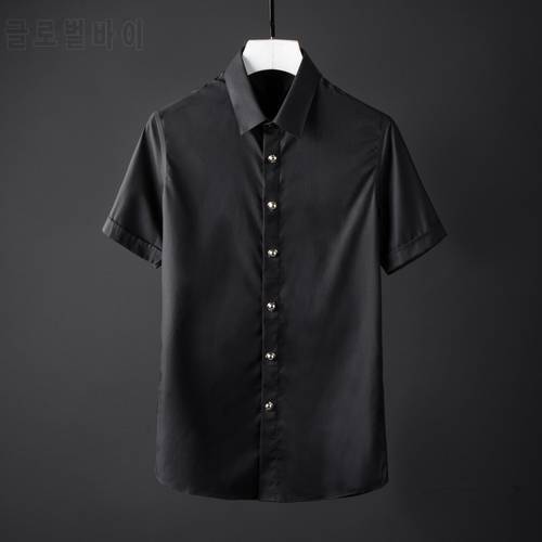 Minglu Solid Color Mens Shirts Luxury Alloy Round Rivet Short Sleeve Mens Dress Shirts Plus Size 3XL 4XL 100% Cotton Shirts Man