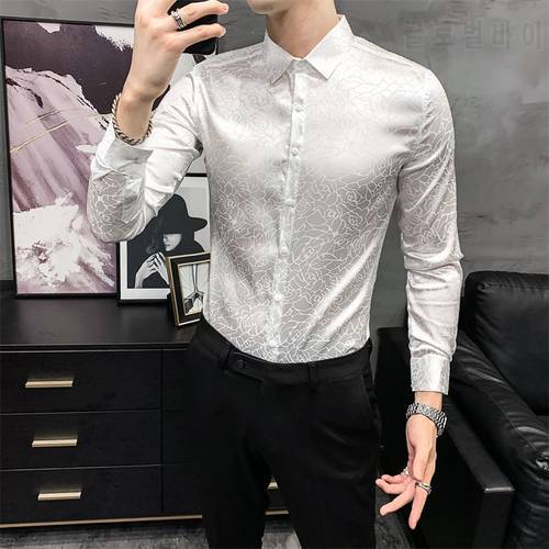 Rose Print Men Shirts Long Sleeve Casual Business Dress Shirts 2020 Spring Social Party Slim Fit Tops Men Clothing Chemise Homme
