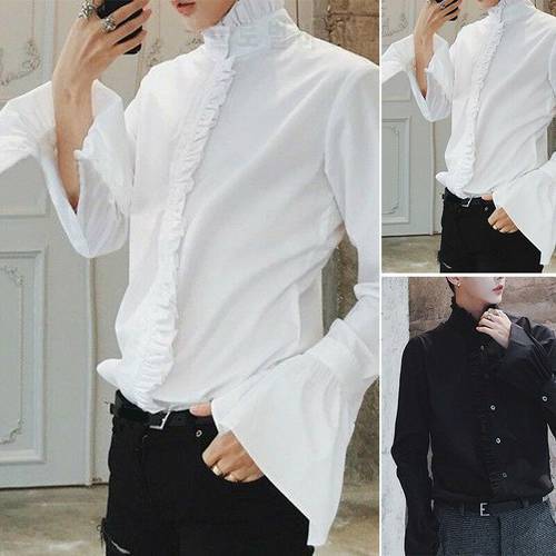 Men Vintage Ruffle Collar Tops Punk Puff Sleeve Gothic Shirt Victorian