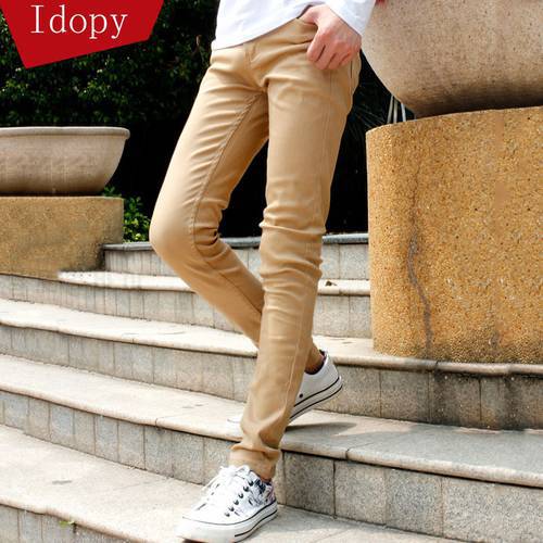 Idopy Mens Fashion Denim Pencil Pants Skinny Khaki Elastic Ripped Washed Faded Slim Fit Long Jeans Trouser For Young Male