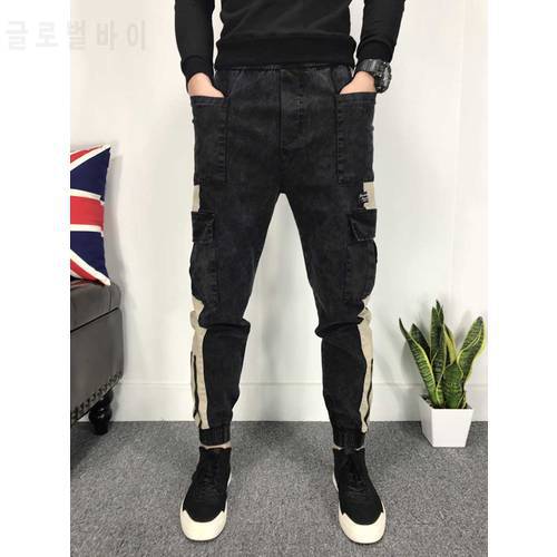 Trendy Baggy Elastic Harem Jeans Fashion Joggers Men Casual Denim Pants Patchwork Cargo Pants Stretched Trousers Man Clothing