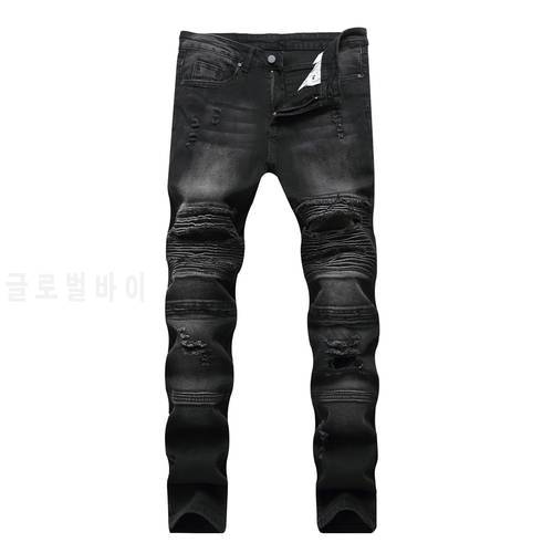 High Quality Causal Mens Skinny Jeans Distressed Ripped Hole Biker Denim Slim Fit Kenn Camouflage Hip Hop Punk Men Jeans