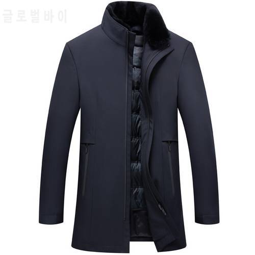 winter jacket thick Men Detachable inner fur warm business stand collar zipper 90% white duck down coat outerwear 8907