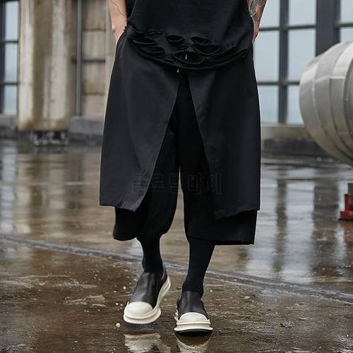 Men Fashion Streetwear Punk Gothic Black Skirt Pant Male Elastic Waist Straight Harem Trousers Wide Leg Pant Stage Show Clothing