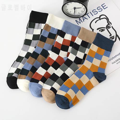 Autumn Winter English Style Pure Cotton Socks Men with Colored Plaid High Quality Men&39s Socks 20901