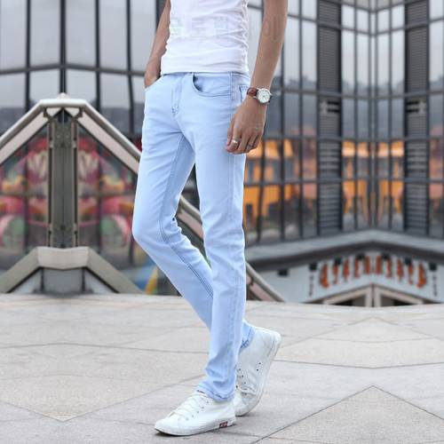 Spring Summer New Fashion Men Casual Stretch Skinny Jeans Slim fit Pencil Trousers Tight Light Blue Denim Pants Solid Colors