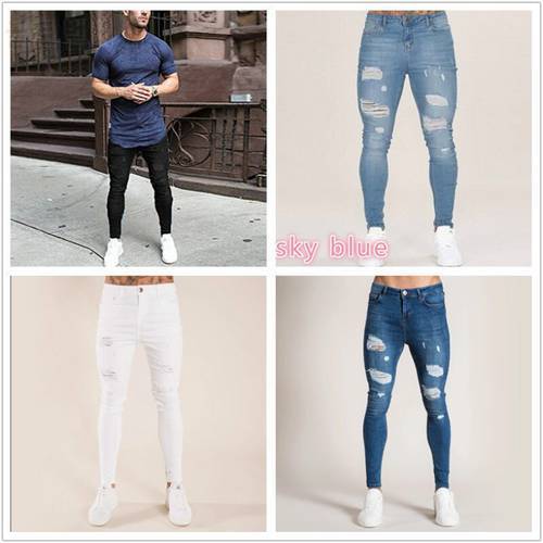 Streetwear Hip Hop Men&39s Very Skinny Ripped Stretch Denim Jeans Trousers Slim Fit Black White Dark Blue Light Blue Jeans