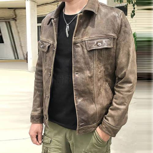 Free shipping.New arrival.US casual Genuine Leather jacket.tanned sheepskin clothes.men leather coat.vintage leather clothing.