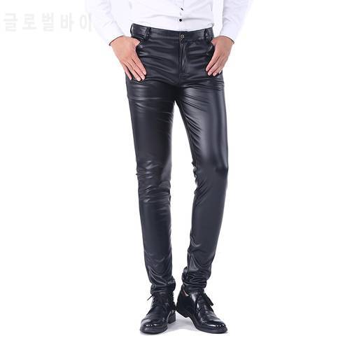 Idopy Men`s Business Slim Fit Five Pockets Stretchy Comfy Black Solid Faux Leather Pants Jeans Trousers For Male