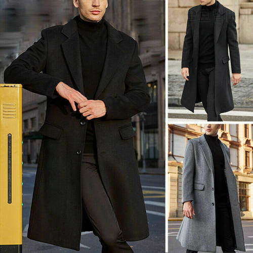 Hirigin 2020 Winter Warm Men Wool Blends Coats Long Sleeve Solid Button Long Formal Thick Jackets