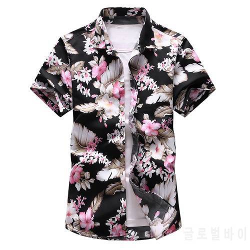 Plus Size 7XL 2019 Summer floral printed Men Hawaiian vacation Party Slim black shirts Hip hop male Short sleeve casual shirt